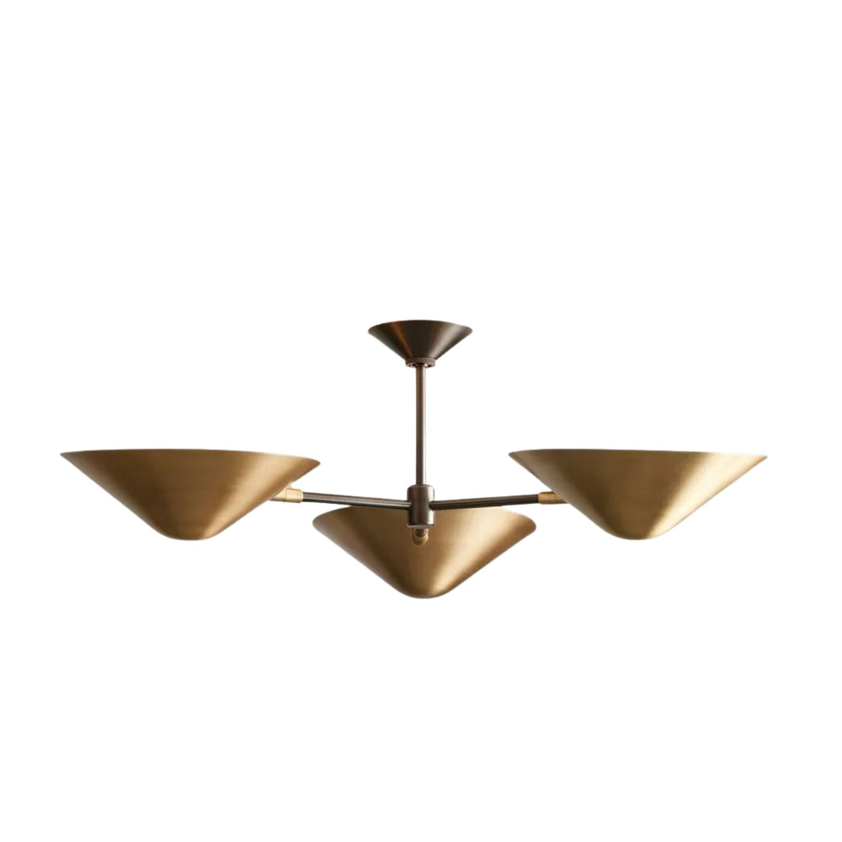 Santorini 3 light chandelier shown from an angled view highlighting its sculptural brass-tone cone shades and streamlined frame.