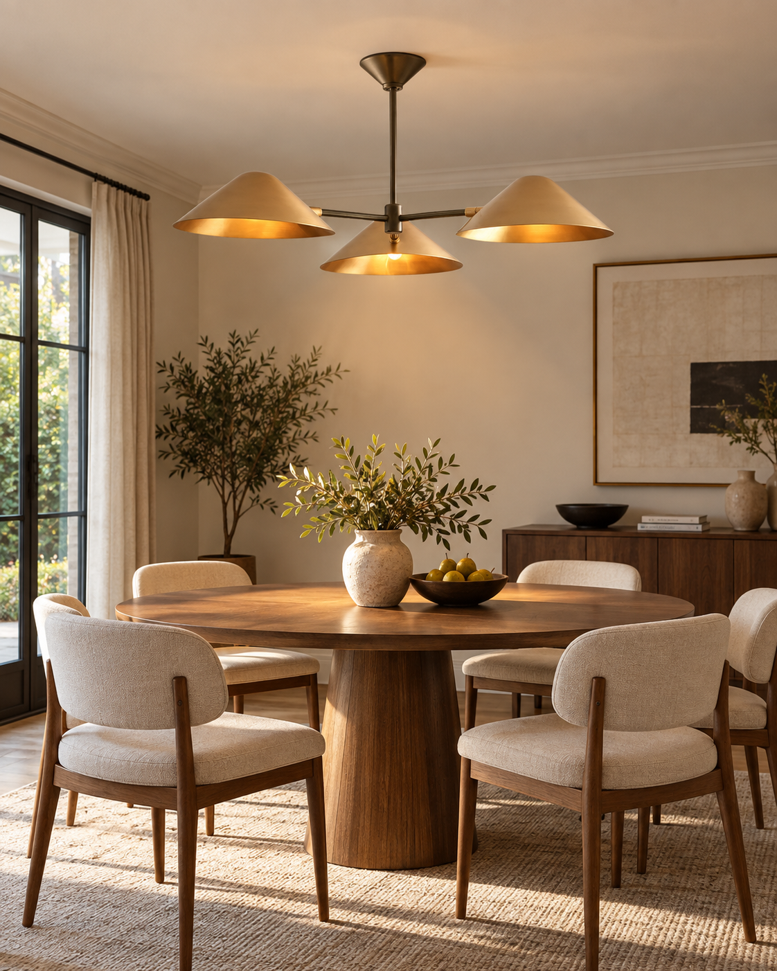 Santorini 3 light sculptural cone chandelier displayed above a round wooden dining table with warm illuminated brass-tone shades.