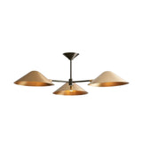 Santorini 3 light sculptural chandelier shown from the front with wide tapered cone shades and contrasting dark metal arms.