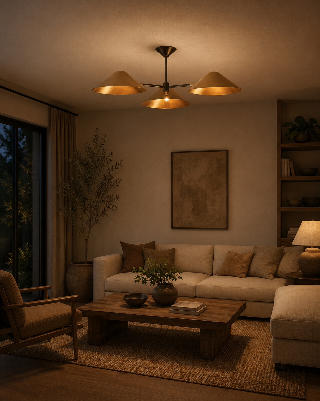Santorini 3 light brass-tone cone chandelier illuminating a warm contemporary living room with neutral furniture.