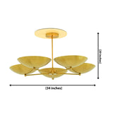 Savannah 5-light gold bowl chandelier dimension diagram showing 34-inch width and 20-inch height with a brass finish and five upward-facing saucer shades.