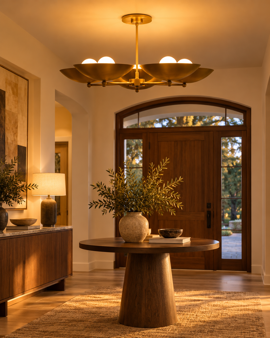 Savannah 5-light sculptural brass chandelier installed above a round wooden entryway table in a warm modern foyer featuring natural wood finishes, decorative greenery, and ambient golden lighting.