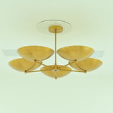 Savannah 5-light gold bowl chandelier featuring five upward-facing metal saucer shades, sculptural brass arms, and a central downrod, shown with lights off.