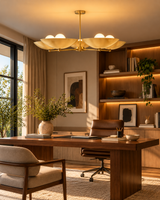 Savannah 5-light gold saucer chandelier suspended above a walnut office desk in a contemporary home office with natural daylight, wooden shelving, and neutral furnishings.