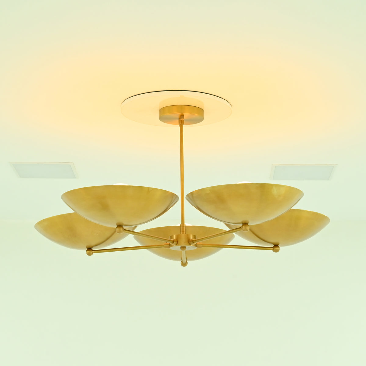 Illuminated Savannah 5-light brass chandelier featuring five sculptural gold bowl shades with softly glowing bulbs and warm ambient lighting.