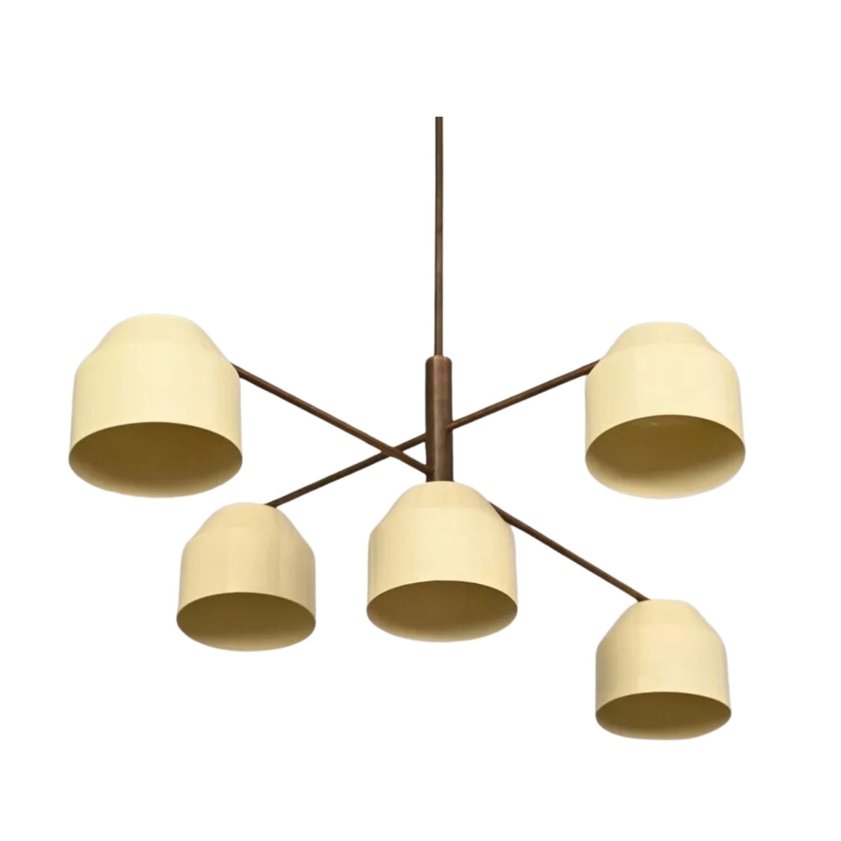 Savannah 5 light sculptural chandelier shown from an angled view highlighting its cream shades and intersecting bronze-tone arms.