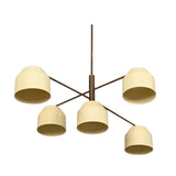 Savannah 5 light sculptural chandelier shown from an angled view highlighting its cream shades and intersecting bronze-tone arms.