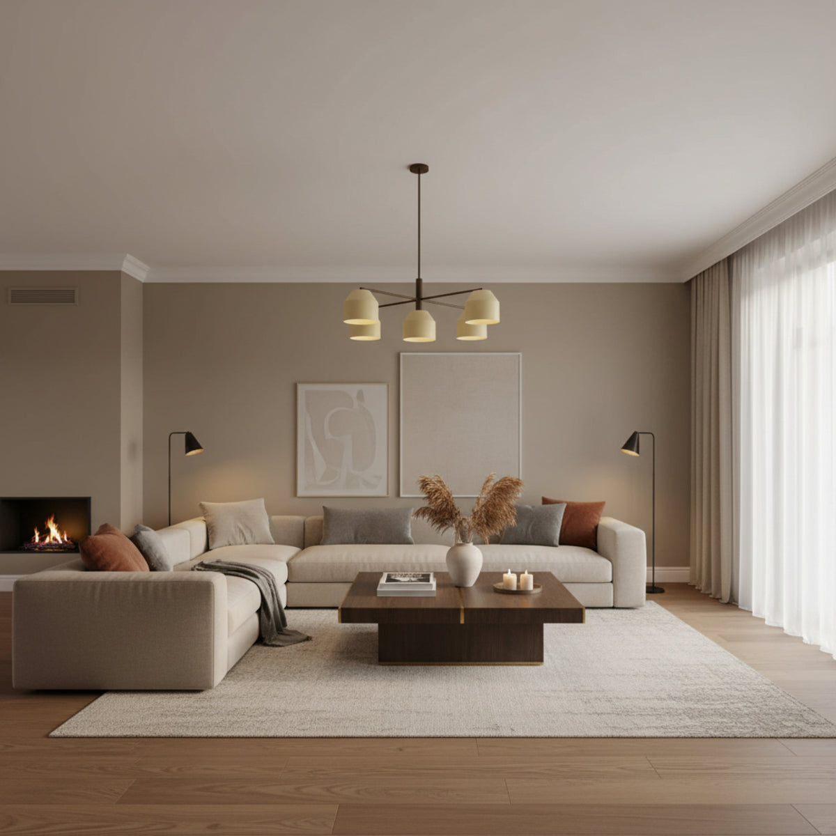 Savannah 5 light Mid-Century Modern chandelier shown from a straight front view with cream shades and an elongated bronze-tone frame.