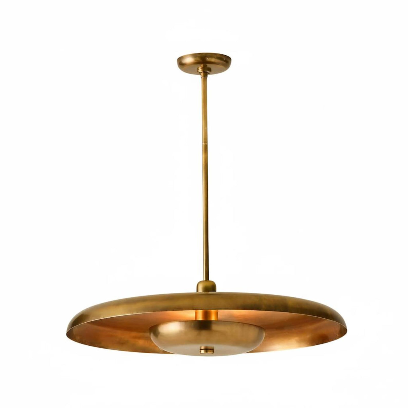 Sculpted brass disc chandelier with indirect ambient glow and slim downrod, handcrafted in brushed brass by Brass Leaf Studio.