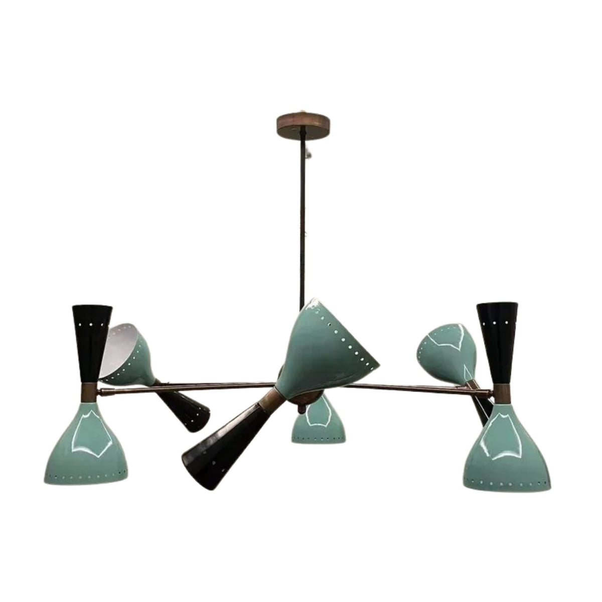 Seattle 12 light sculptural chandelier shown from an angled view with two-tone perforated shades and extended radial arms.