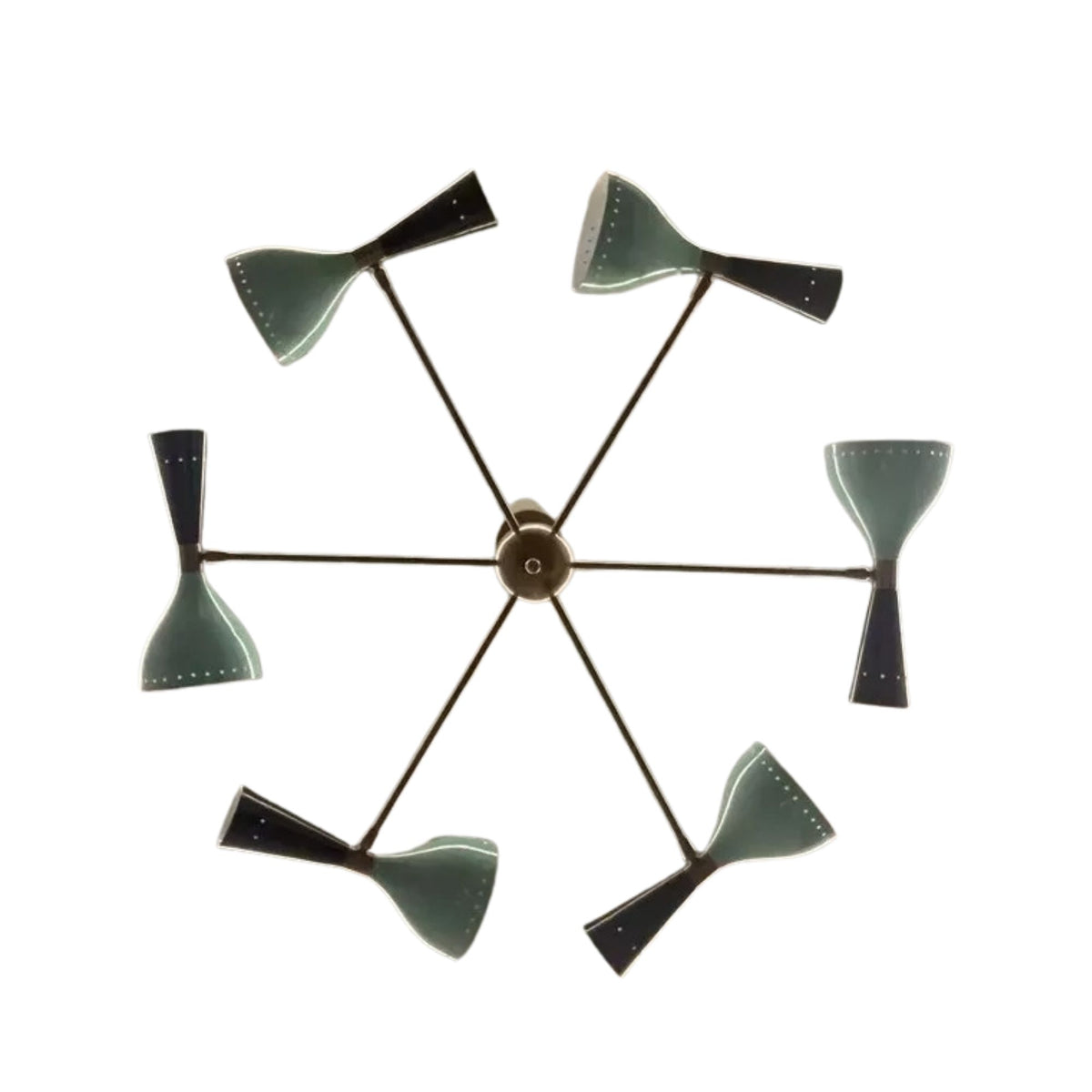 Seattle 12 light Mid-Century Modern chandelier shown from below with mint green and black perforated cone shades arranged on radial arms.