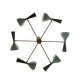 Seattle 12 light Mid-Century Modern chandelier shown from below with mint green and black perforated cone shades arranged on radial arms.