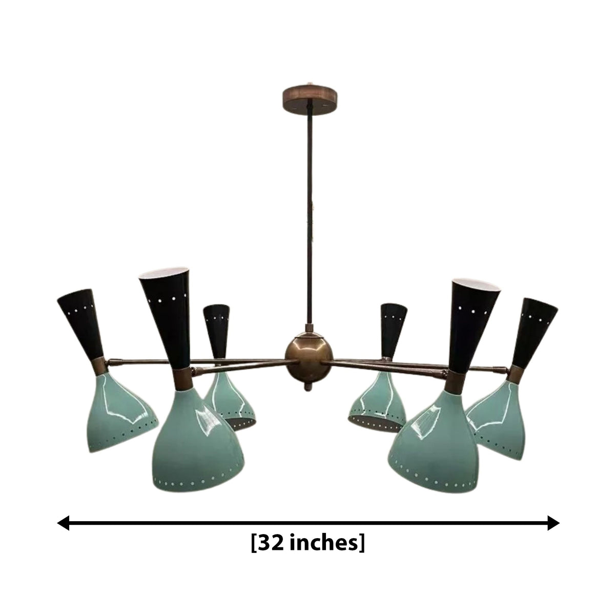 Seattle 12 light perforated cone chandelier dimension view showing an overall fixture width of 32 inches.
