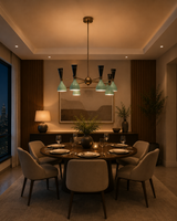 Seattle 12 light mint green and black chandelier displayed above a round dining table in a warm contemporary dining room.