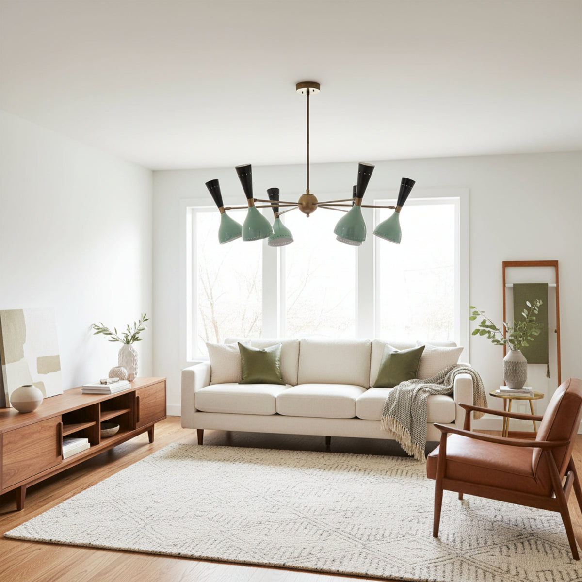 Seattle 12 light chandelier shown from the front with mint green sculptural shades, contrasting black cones, and a radial metal frame.