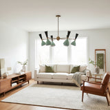 Seattle 12 light chandelier shown from the front with mint green sculptural shades, contrasting black cones, and a radial metal frame.