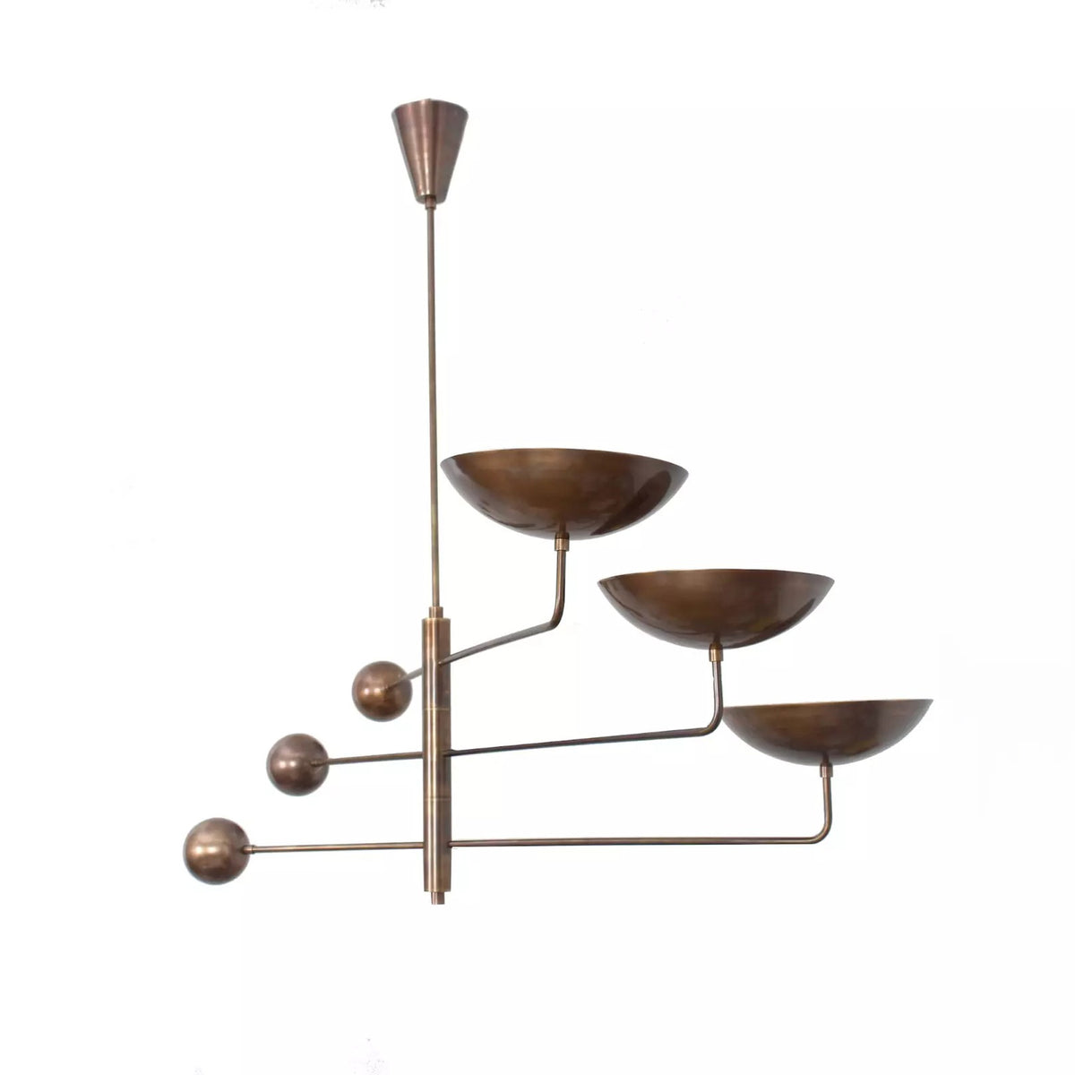 Seoul 3 light Mid-Century Modern counterbalance chandelier shown from the front with sculptural bowl shades, brass-tone arms, and spherical accents.