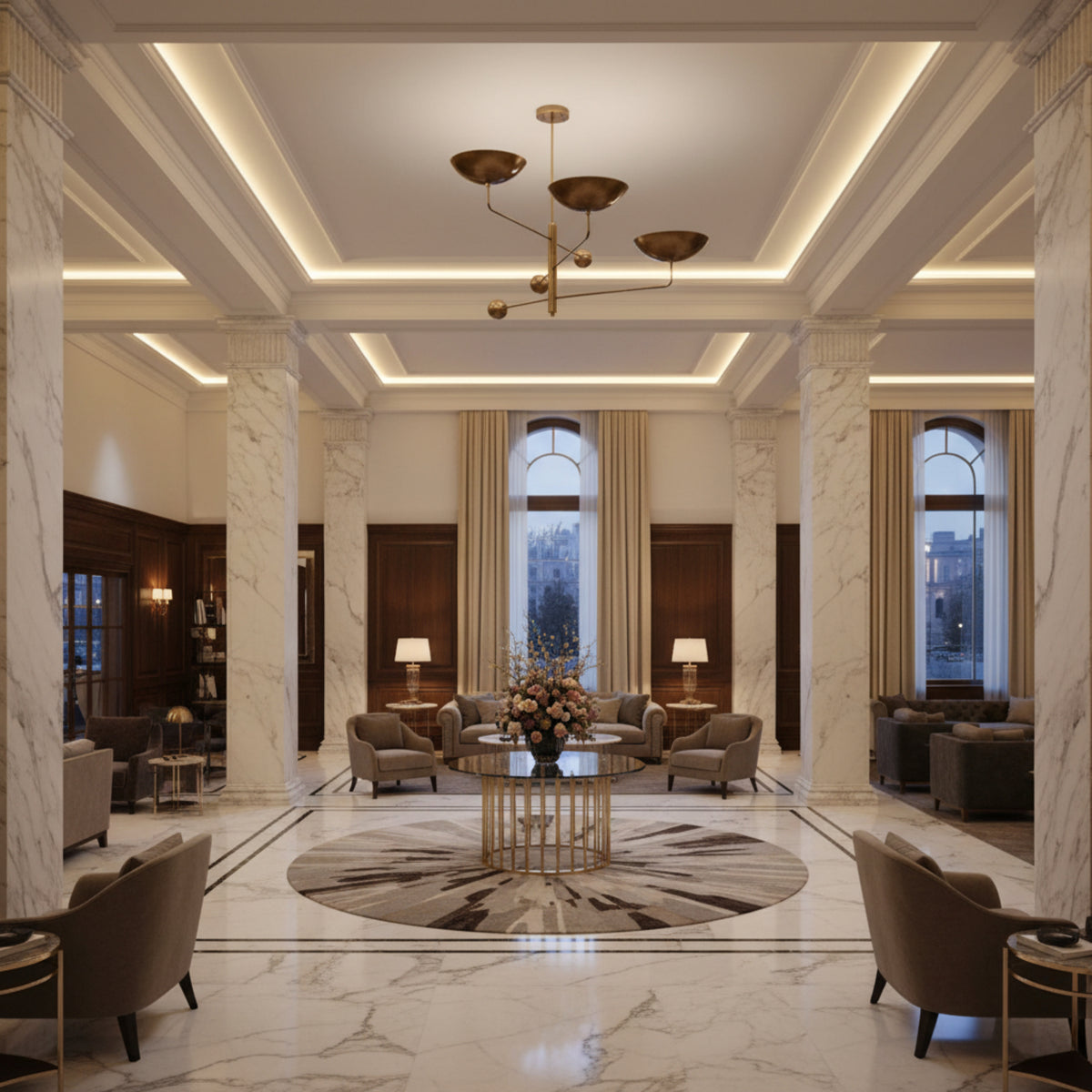 Seoul 3 light sculptural chandelier shown from a side angle highlighting its multi-level arms, bowl shades, and brass-tone orb details.