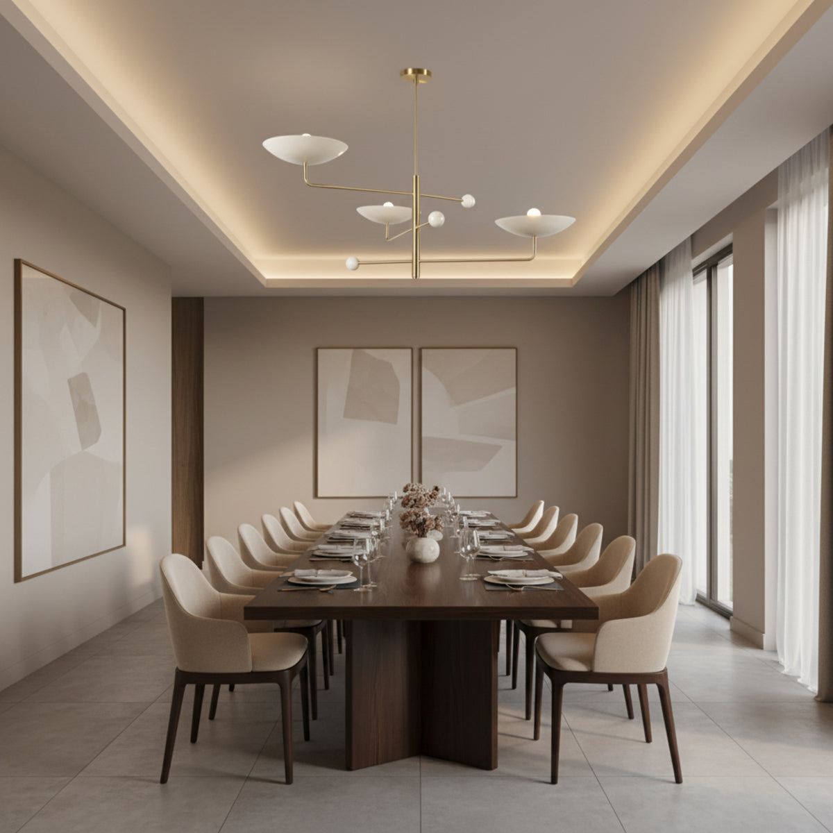 Seville 3 light brass chandelier shown from an angled view featuring asymmetrical arms and white bowl shades.