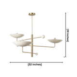 Seville 3 light brass sculptural bowl chandelier dimension view showing 52 inch width and 30 inch overall height.