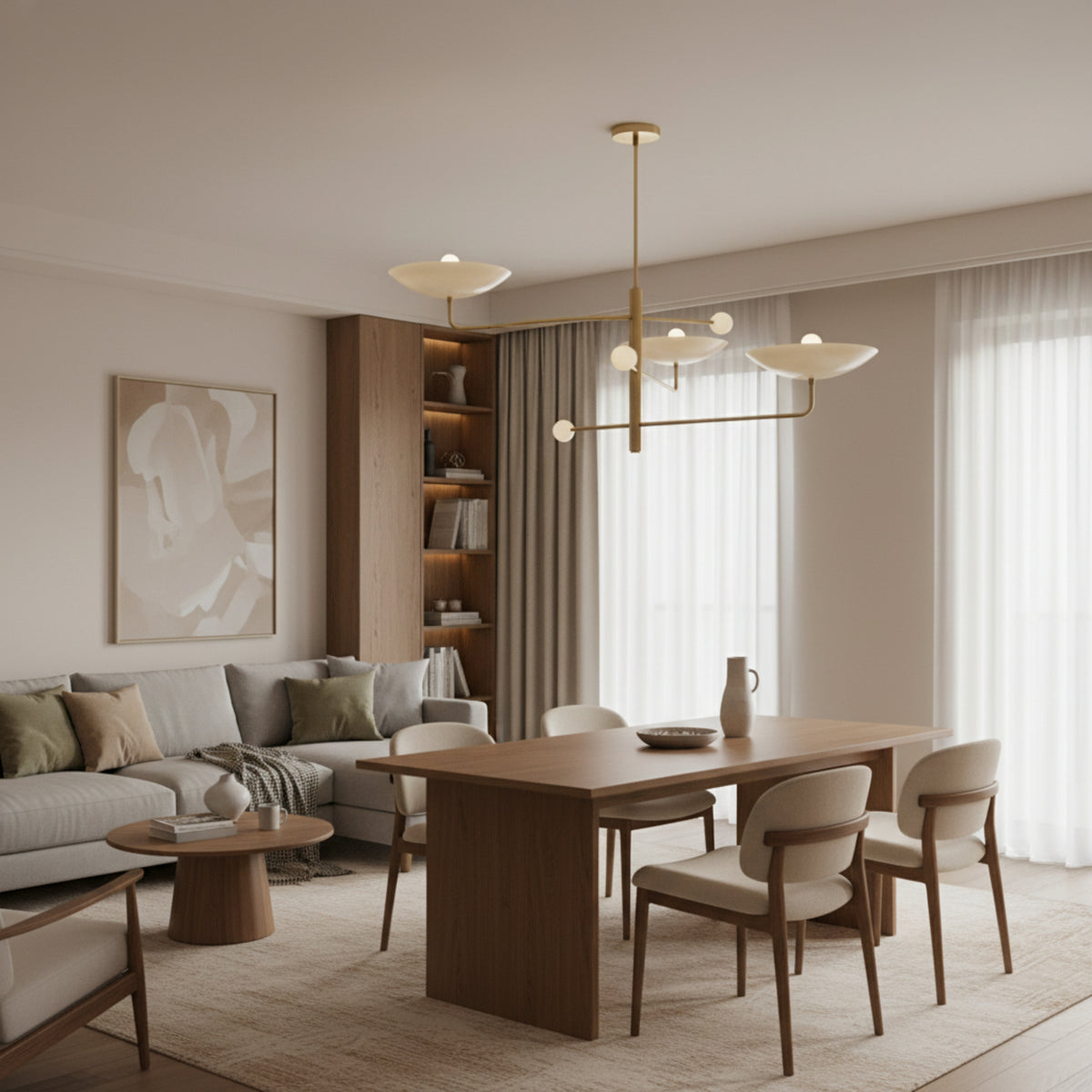 Seville 3 light brass sculptural chandelier shown from the front with white bowl shades and decorative globe accents.