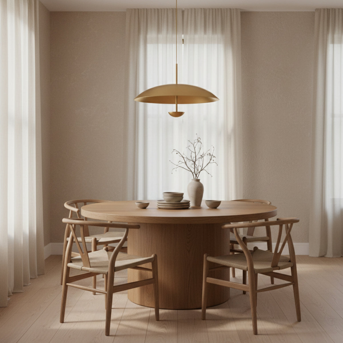 Seville 3 light Mid-Century Modern disc chandelier shown from an angled view highlighting its oversized circular form and warm brass-tone detailing.