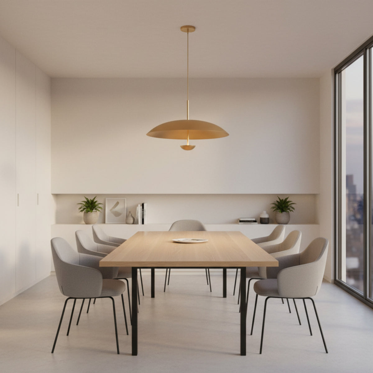 Seville 3 light sculptural disc chandelier shown from the front with a broad circular shade, warm brass-tone interior, and minimalist suspended design.