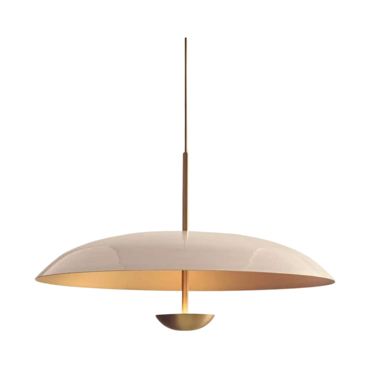 Seville 3 light sculptural chandelier shown from the side with a shallow curved disc profile, slender suspension, and brass-tone lower detail.