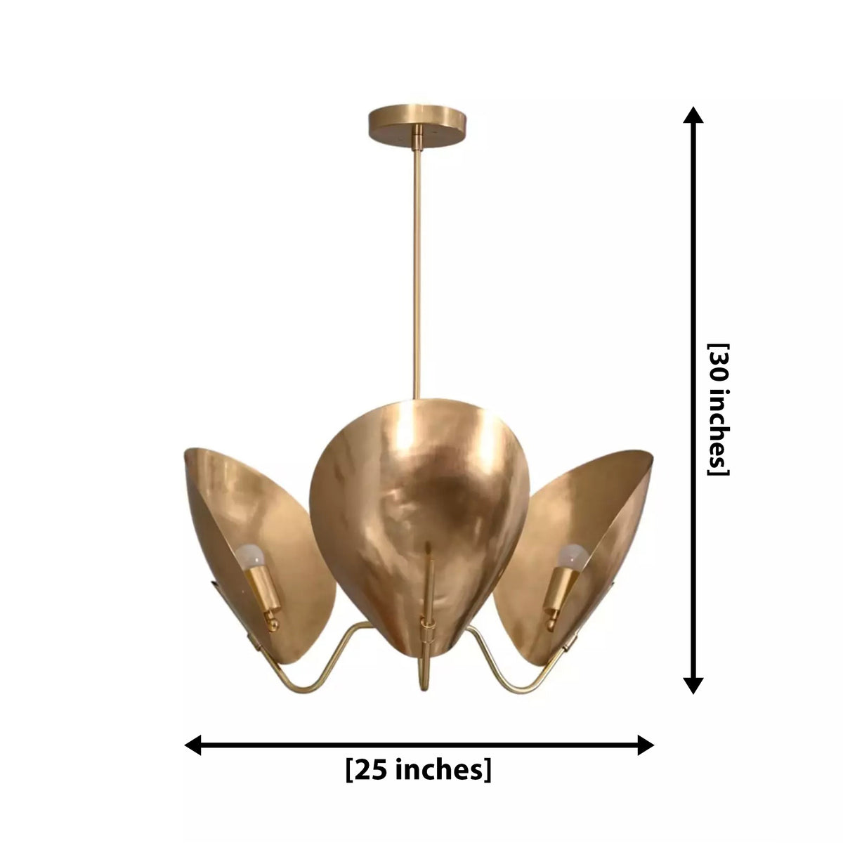 Shanghai 3 light sculptural petal chandelier dimension view showing 25 inch width and 30 inch overall height.