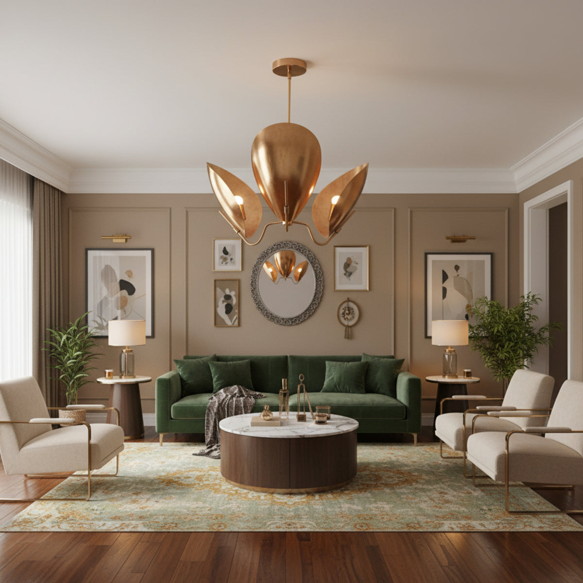 Shanghai 3 light Mid-Century Modern chandelier shown from the front with three sculptural brass-tone petal reflectors and exposed bulbs.