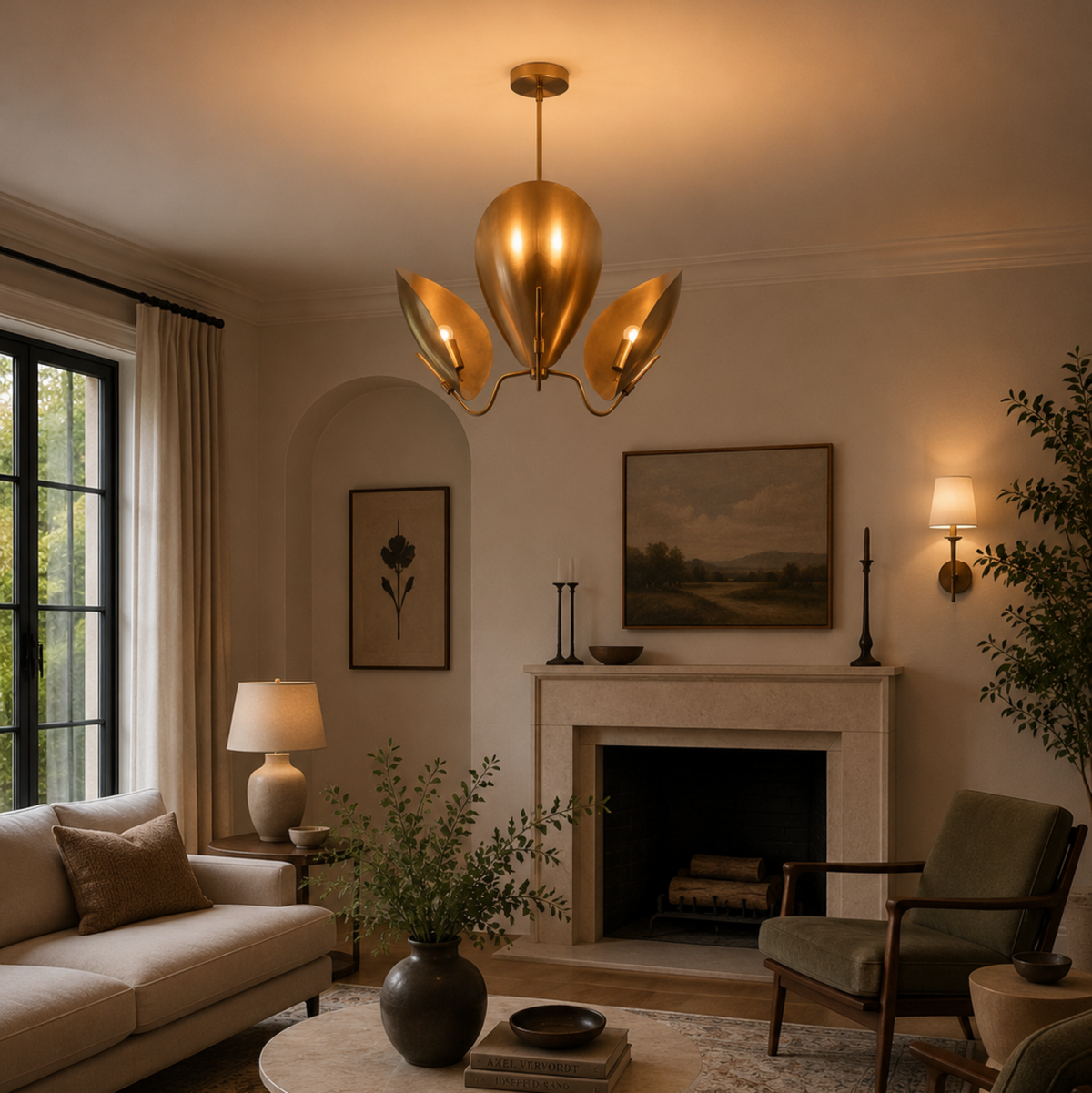 Shanghai 3 light brass-tone sculptural petal chandelier illuminated in a warm Mid-Century Modern living room with elegant ambient lighting.