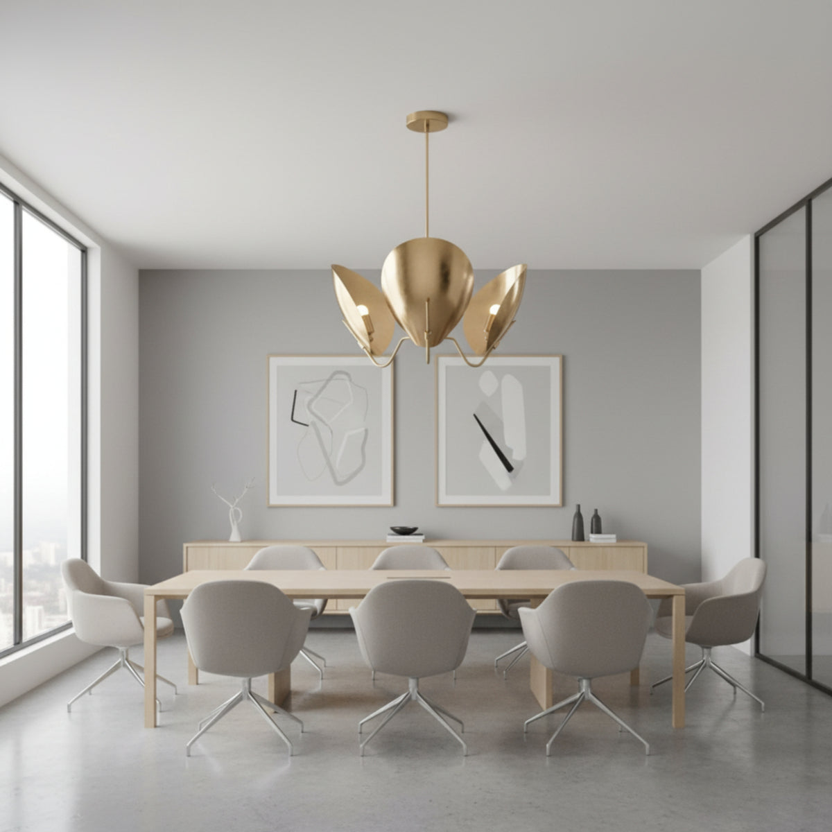 Shanghai 3 light brass-tone petal chandelier shown from a side angle with organic curved reflectors, slender arms, and downrod suspension.