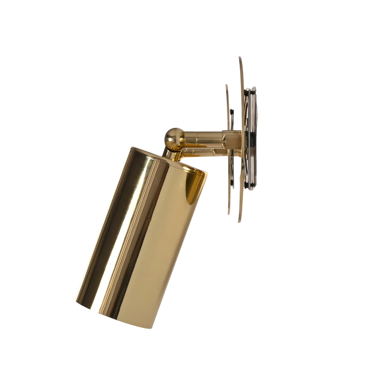 Side profile of Milan antique brass adjustable cylinder wall sconce highlighting the swivel spotlight head and solid brass mounting bracket.