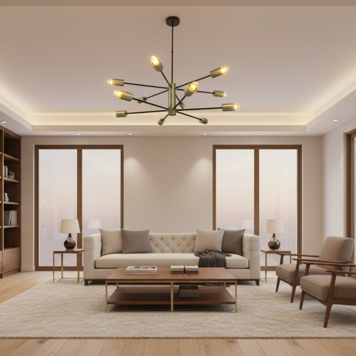 Siena 12 light Mid-Century Modern Sputnik chandelier with black radial arms and brass-tone cylindrical bulb holders shown illuminated from an angled view.