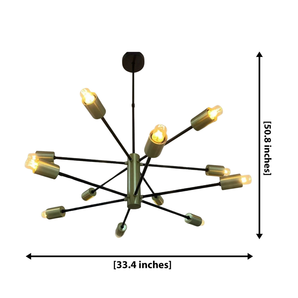 Siena 12 light black and brass Sputnik chandelier dimension image showing 33.4 inch width and 50.8 inch overall height.