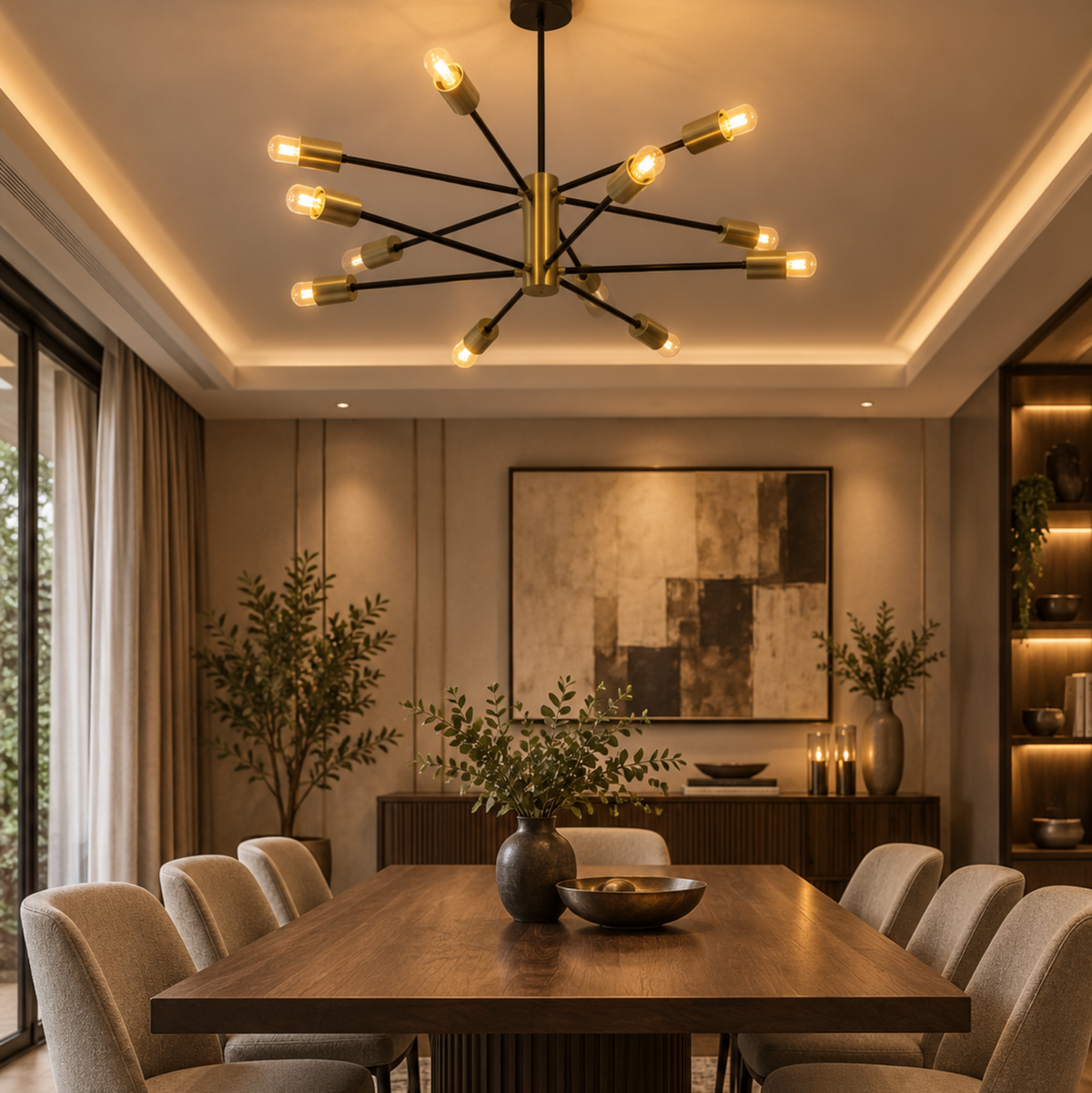 Siena 12 light black and brass Sputnik chandelier illuminated above a wooden dining table in a contemporary dining room.