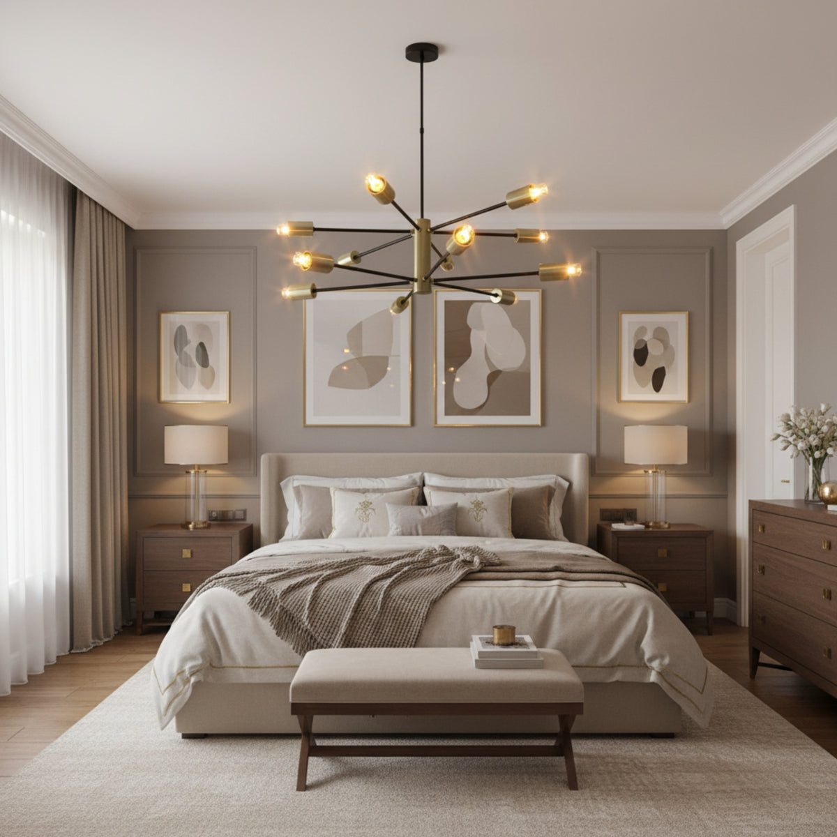 Siena 12 light Mid-Century Sputnik chandelier with brass-tone cylindrical holders and black arms shown illuminated from an angled perspective.