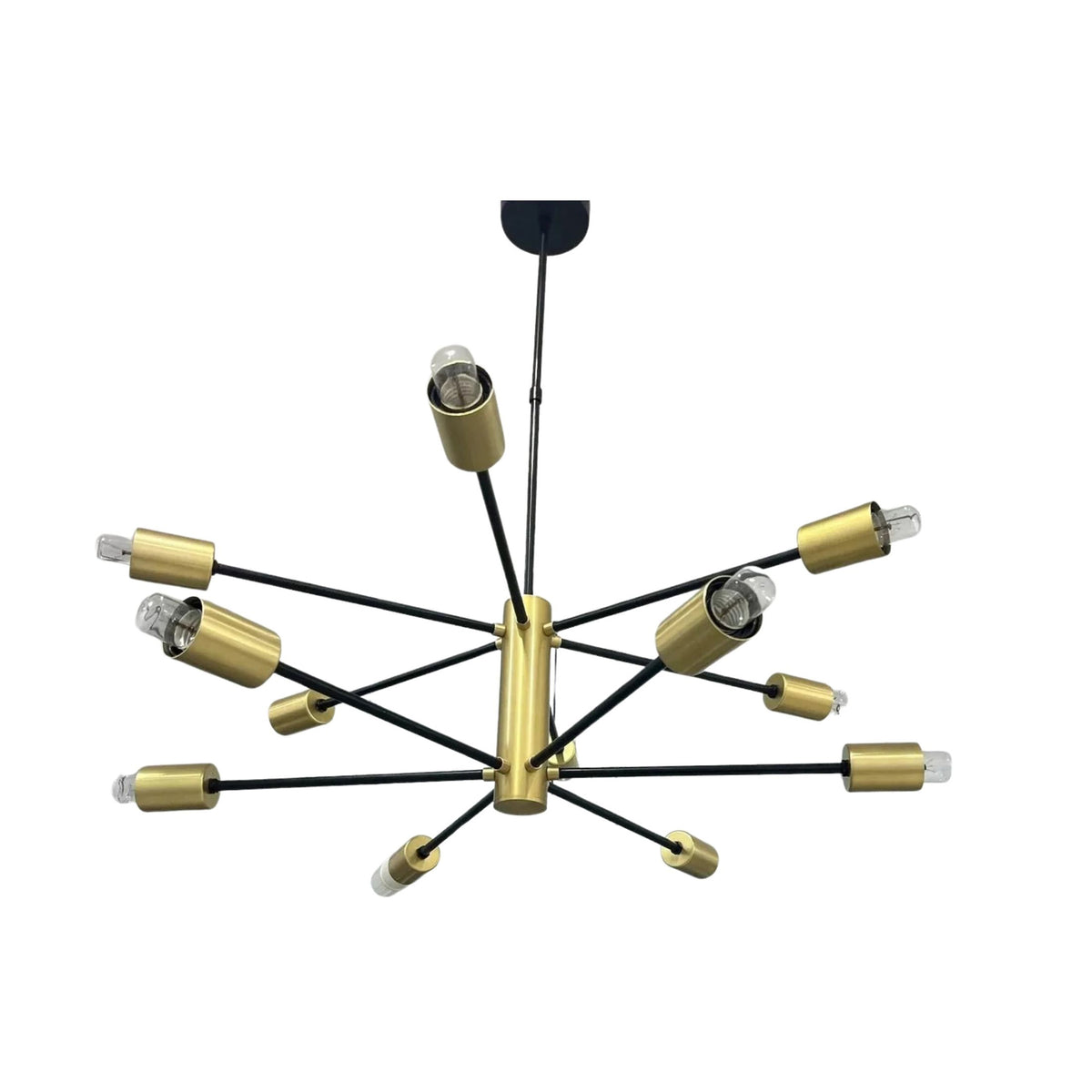 Siena 12 light Sputnik chandelier with black arms and brass-tone cylindrical holders shown unlit from an angled view.