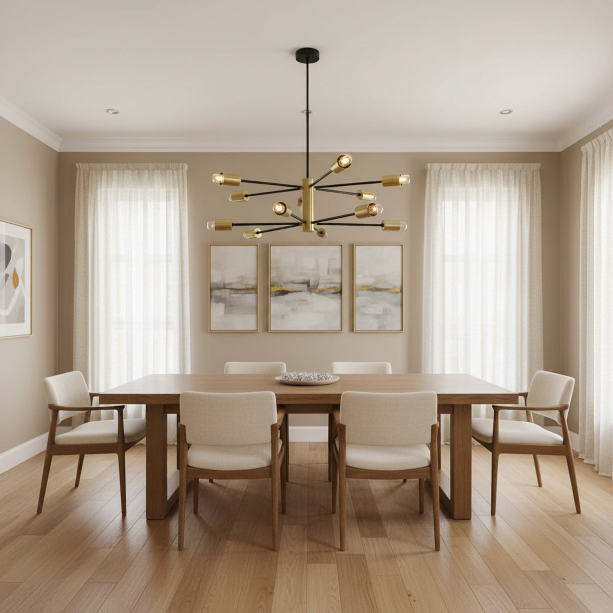 Siena 12 light black and brass Sputnik chandelier shown unlit with multidirectional arms, exposed bulbs, downrod, and ceiling canopy.