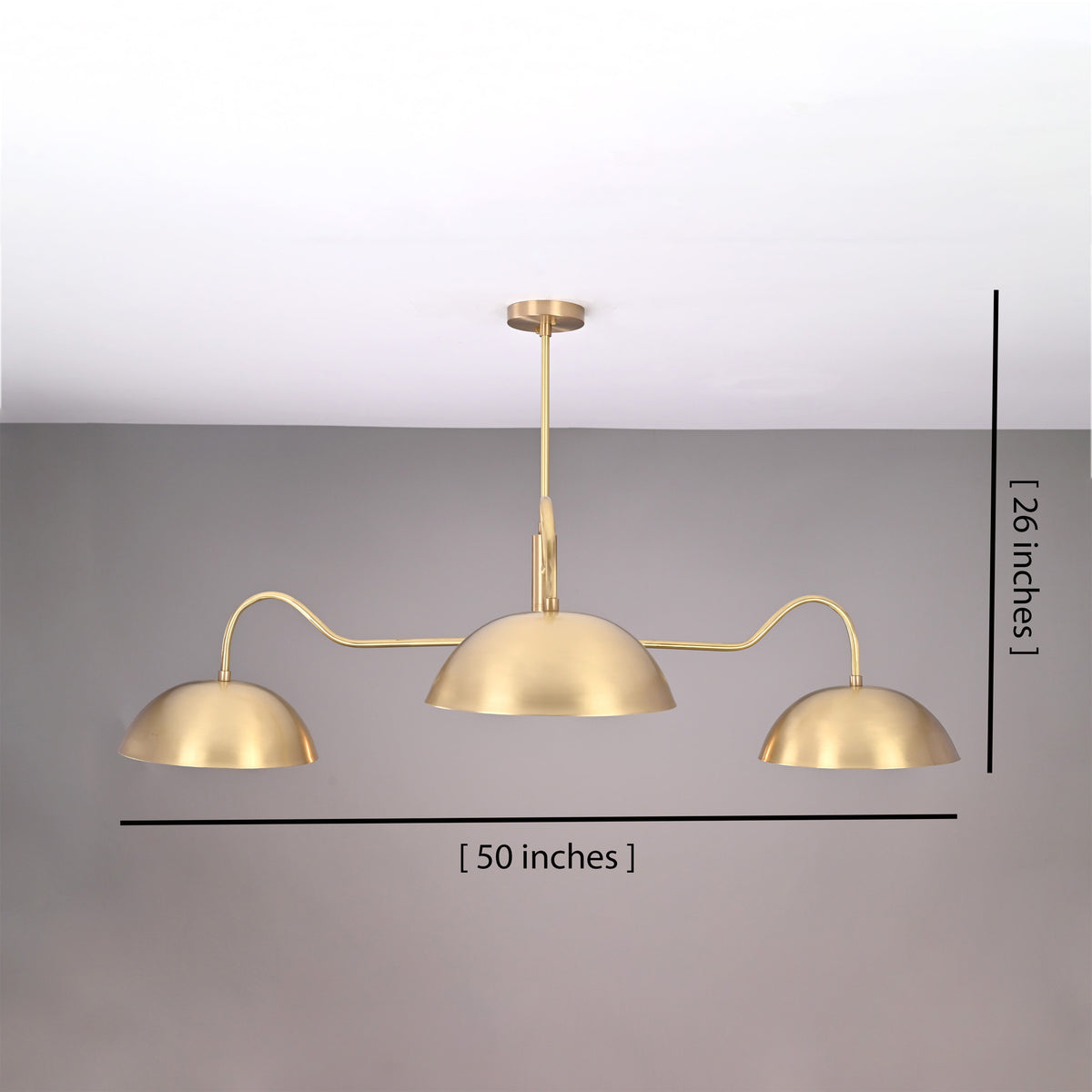 Dimension diagram of Siena Curved Arm chandelier showing 50-inch width and 26-inch overall height.