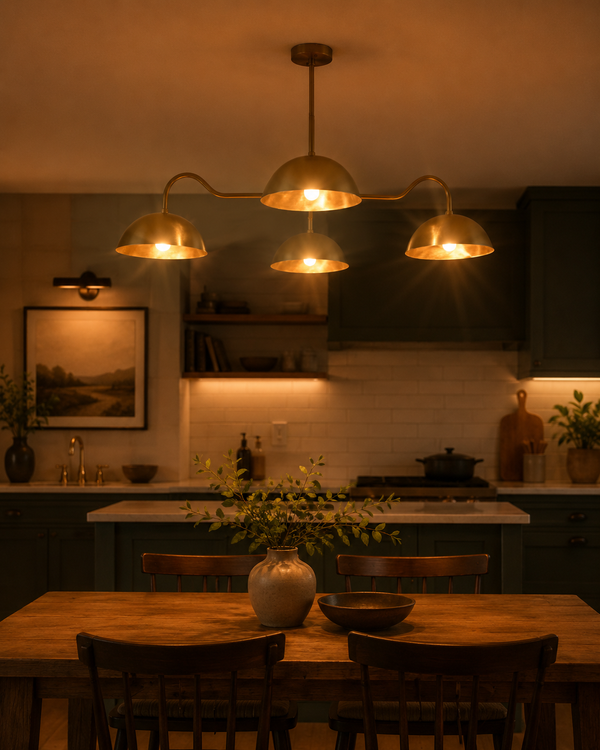 Siena Curved Arm chandelier glowing above a dining table in a cozy kitchen with warm ambient lighting.
