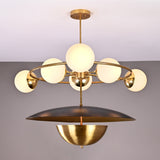 Siena Globe Disc Chandelier with six glowing globe lights, circular frame, and layered disc shade front view.