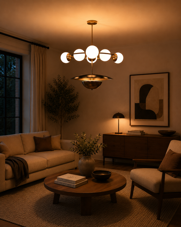 Siena Globe Disc Chandelier installed in a cozy living room with warm lighting and modern interior styling