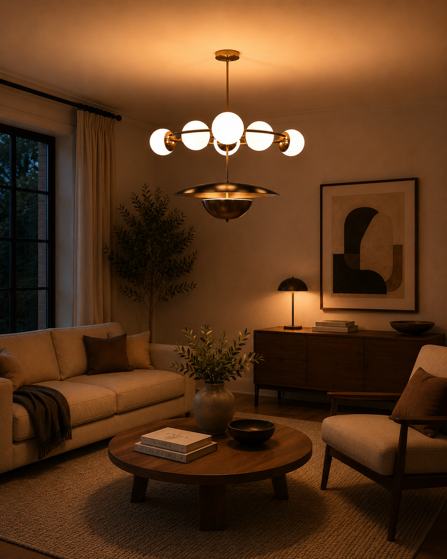 Siena Globe Disc Chandelier installed in a cozy living room with warm lighting and modern interior styling