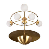 Siena Globe Disc Chandelier lit in warm setting with round globe shades and layered central disc design.