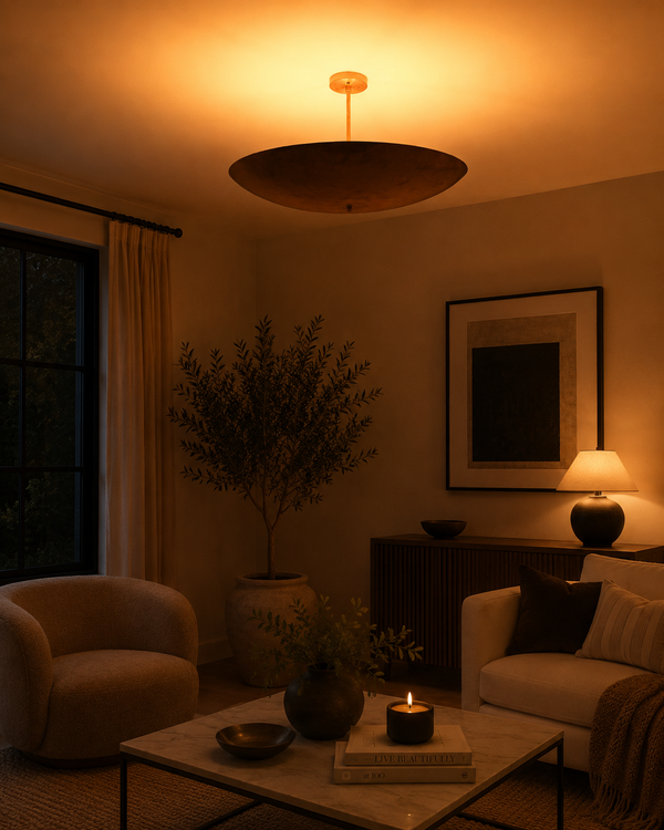 Siena Single Disc Chandelier styled in a warm living room interior with cozy ambient ceiling glow.
