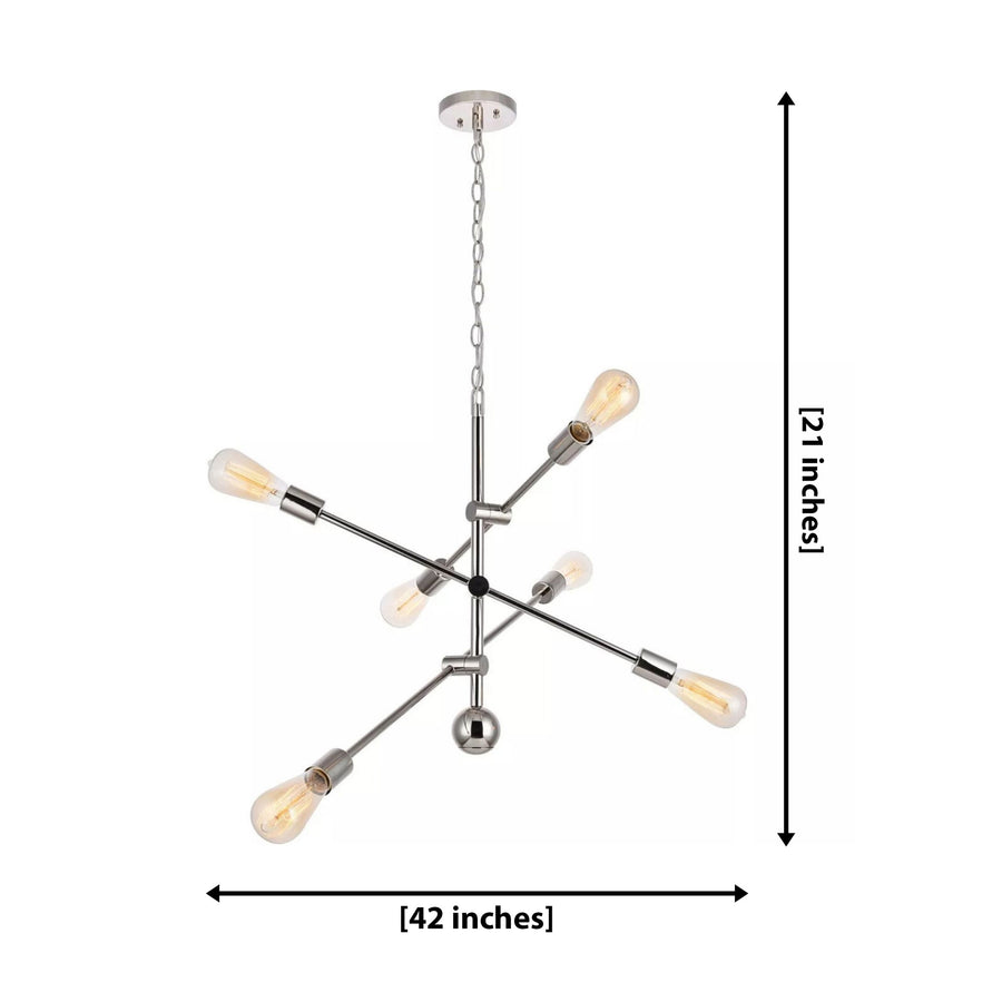 Full view of Siena Mid-Century Modern chandelier with six exposed bulbs, polished silver-tone finish, and asymmetrical branching arms.