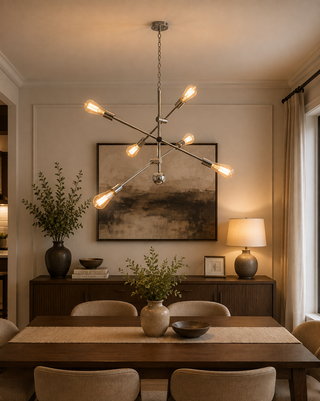 Siena 6-light sculptural Sputnik chandelier illuminating an elegant contemporary dining room with a walnut dining table, upholstered chairs, and warm ambient lighting.