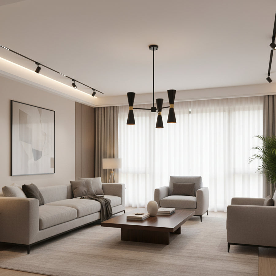 Singapore 6 light black double-cone chandelier shown from an angled view with sculptural hourglass shades, brass-tone accent bands, and radial arms.