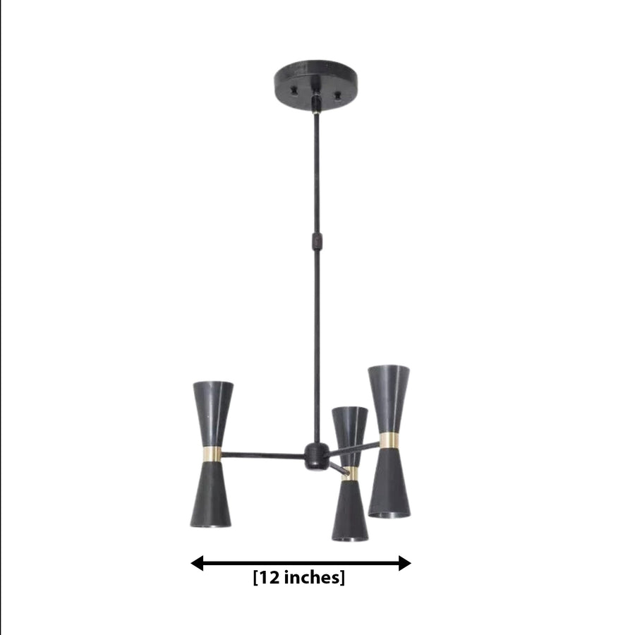 Singapore 6 light black double-cone chandelier shown from an angled view with sculptural hourglass shades, brass-tone accent bands, and radial arms.